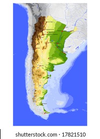 Argentina. Physical vector map, colored according to elevation, with rivers, ocean depths and selected cities. Surrounding territory greyed out. 35 layers, fully editable. Data source: NASA