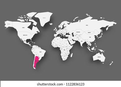 Argentina pink highlighted in map of World. Light grey simplified map with dropped shadow on dark grey background. Vector illustration.