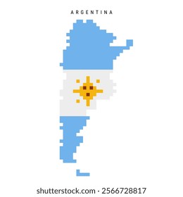 Argentina pixel flag map icon. 8 bit pixel art Argentinian map covered with flag. Flat vector illustration isolated on white background.