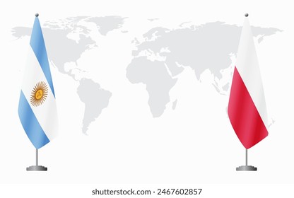 Argentina and Poland flags for official meeting against background of world map.