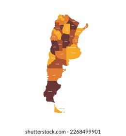 Argentina political map of administrative divisions - provinces and autonomous city of Buenos Aires. Flat vector map with name labels. Brown - orange color scheme.