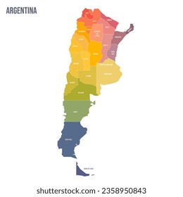 Argentina political map of administrative divisions - provinces and autonomous city of Buenos Aires. Colorful spectrum political map with labels and country name.