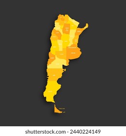 Argentina political map of administrative divisions - provinces and autonomous city of Buenos Aires. Yellow shade flat vector map with name labels and dropped shadow isolated on dark grey background.