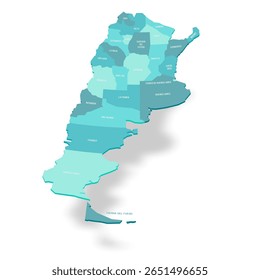Argentina mapa político de divisões administrativas - províncias e cidade autônoma de Buenos Aires. Mapa de vetor turquesa 3D com rótulos de nome.