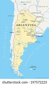 Argentina Political Map with capital Buenos Aires, national borders, most important cities, rivers and lakes. Vector illustration with English labeling and scaling.