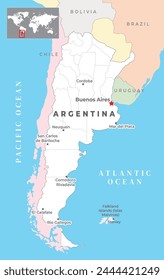 Argentina Political Map with capital Buenos Aires, most important cities with national borders