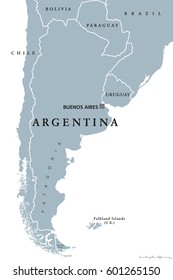 Argentinien politische Karte mit der Hauptstadt Buenos Aires, nationale Grenzen und Nachbarländer. Republik Südamerika. Graue Illustration einzeln auf weißem Hintergrund. Englische Kennzeichnung. Vektorgrafik.