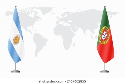 Argentina and Portugal flags for official meeting against background of world map.