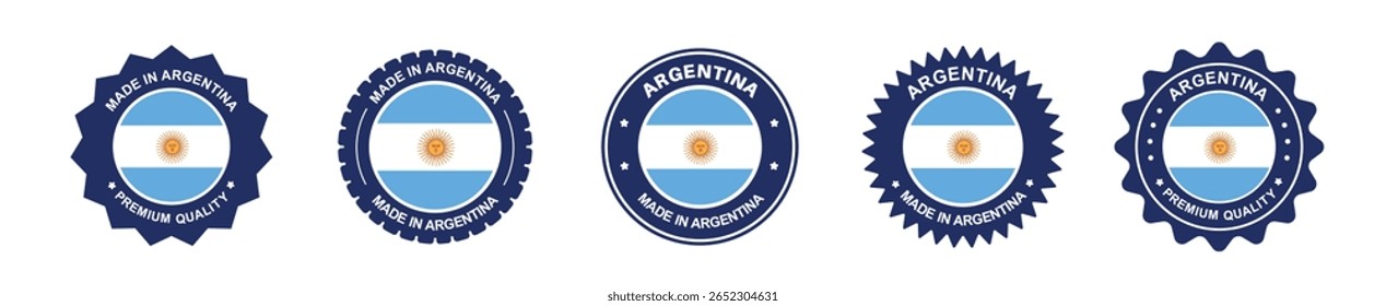 Conjunto de etiquetas de produto Argentina. Bandeira da Argentina, prêmio feito na Argentina. Etiquetas, selos, carimbos, bandeiras, ícones
