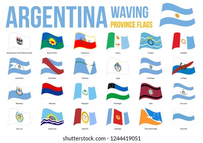 Argentina Province Flags Waving Vector Illustration on White Background. Provinces of Argentina All Flags.