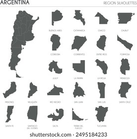 Argentinien Region Silhouetten gesetzt und leere Karte des Landes isoliert auf weißem Hintergrund. Vektorillustration-Design