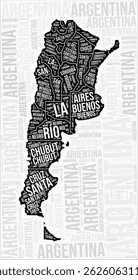 Argentina regiões mapa palavra nuvem. Nomes das regiões da Argentina. Design de mapa em preto e branco. Ilustração vetorial com estilo.