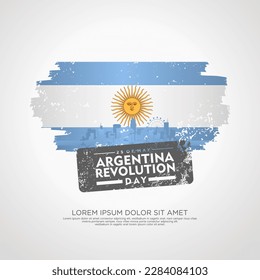 Argentina Revolution day greeting card, with grunge and splash effect on flag as a symbol of revolution and silhouette city. vector illustration