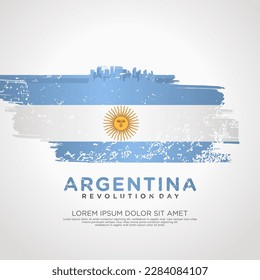 Argentina Revolution day greeting card, with grunge and splash effect on flag as a symbol of revolution and silhouette city. vector illustration