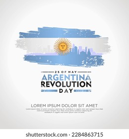 Argentina Revolution day greeting card, with grunge and splash effect on flag as a symbol of revolution and silhouette city. vector illustration