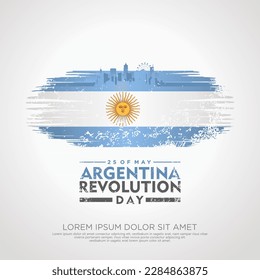 Argentina Revolution day greeting card, with grunge and splash effect on flag as a symbol of revolution and silhouette city. vector illustration