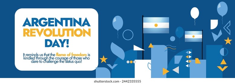 Argentina Revolution Day on May 25th celebration with Argentine Flag, balloons, geometric icons. Vector graphic, flat design for flyer, illustration.
