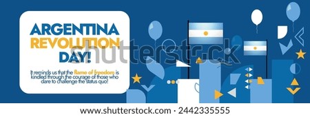 Argentina Revolution Day on May 25th celebration with Argentine Flag, balloons, geometric icons. Vector graphic, flat design for flyer, illustration.