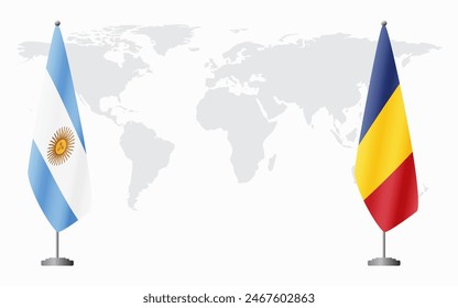 Argentina and Romania flags for official meeting against background of world map.