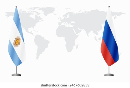 Argentina and Russia flags for official meeting against background of world map.