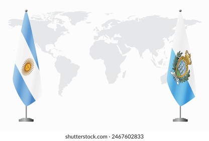 Argentina and San Marino flags for official meeting against background of world map.