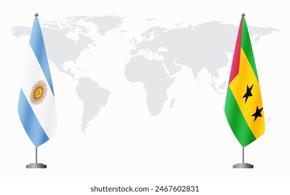 Argentina and Sao Tome and Principe flags for official meeting against background of world map.