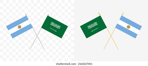 Argentina and Saudi Arabia crossed flags. Pennon angle 28 degrees. Options with different shapes and colors of flagpoles - silver and gold. Example of flags on transparent layer. Vector illustration