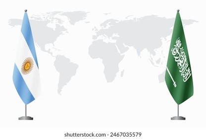 Argentina and Saudi Arabia flags for official meeting against background of world map.