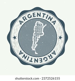 Sello argentino. Logotipo de campo con forma de Argentina y nombre de país en varios idiomas wordcloud. Hermoso emblema. Ilustración vectorial de moda.