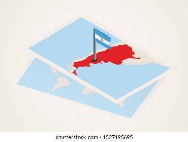 Argentina selected on map with isometric flag of Argentina. Vector paper map.
