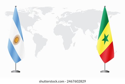 Argentina and Senegal flags for official meeting against background of world map.