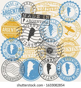 Argentina Set of Stamps. Travel Passport Stamp. Made In Product. Design Seals Old Style Insignia. Icon Clip Art Vector.