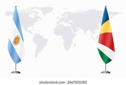 Argentina and Seychelles flags for official meeting against background of world map.