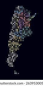 Argentina, shape of the country built of colored cells. Digital style map of Argentina on a dark background. Small size circle blocks. Vibrant vector illustration.