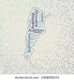 Argentina shape with country names word cloud in multiple languages. Argentina border map on stylish triangles scattered around. Attractive vector illustration.