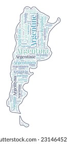 Forma argentina llena de nombre de país en muchos idiomas. Mapa argentino al estilo de WordCloud. Ilustración vectorial con estilo.