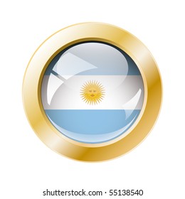 Argentina shiny button flag with golden ring vector illustration. Isolated abstract object against white background.