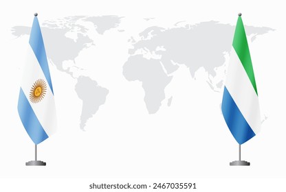 Argentinien und Sierra Leone Flaggen für offizielle Treffen vor dem Hintergrund der Weltkarte.