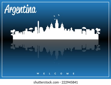 Argentina, skyline silhouette vector design on parliament blue and black background.
