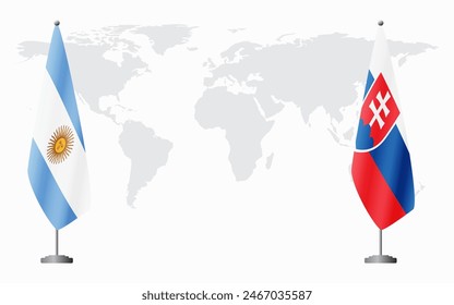 Argentina and Slovakia flags for official meeting against background of world map.