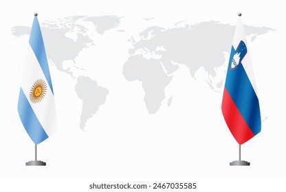 Argentina and Slovenia flags for official meeting against background of world map.