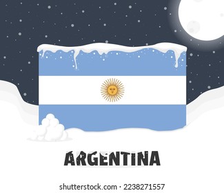 Argentina snowy weather concept, cold weather and snowfall, Argentina weather forecast winter banner idea, snow cap on flag with snowballs and moon, blizzard and adverse weather conditions