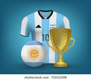 Argentina soccer jersey shirt with football and trophy cup on blue backdrop. Concept for match tournament result background in vector illustrative
