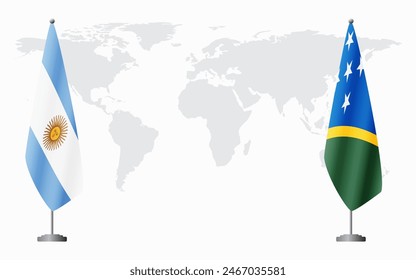 Argentina and Solomon Islands flags for official meeting against background of world map.