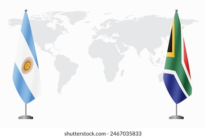 Argentina and South Africa flags for official meeting against background of world map.