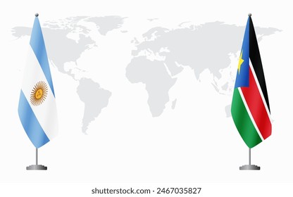 Argentina and South Sudan flags for official meeting against background of world map.