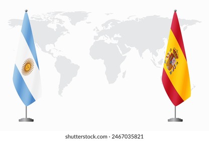 Argentina and Spain flags for official meeting against background of world map.