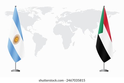 Argentina and Sudan flags for official meeting against background of world map.