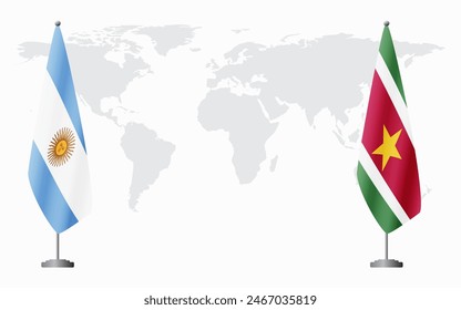 Argentina and Suriname flags for official meeting against background of world map.