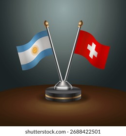 Argentinien und Schweiz Tischfahnen Beziehung mit Farbverlauf-Hintergrund. Vektorgrafik